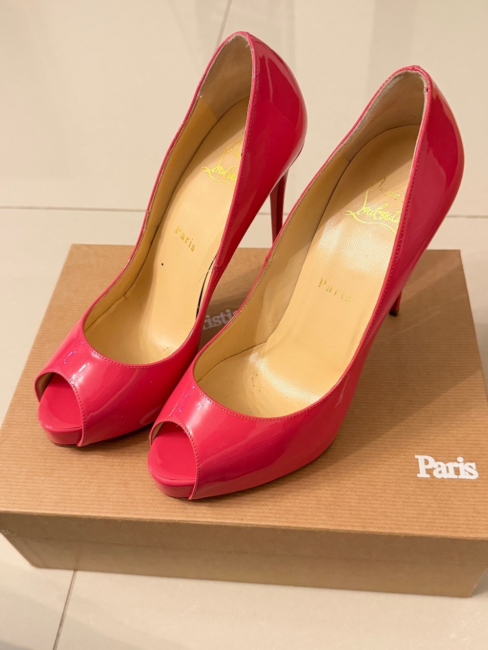 Christian Louboutin Hot Pink Patent Peep-Toe Stiletto Pumps